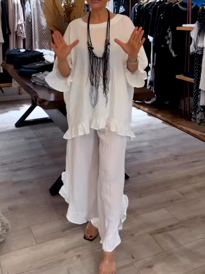 Women'S Solid Color Round Neck Lotus Leaf Sleeve Pleated Casual Set Women'S Solid Color Round Neck Lotus Leaf Sleeve Pleated Casual Set