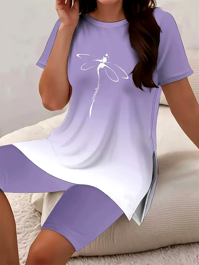 Women's Casual Round Neck Gradient Pattern Short Sleeve T-Shirt Shorts Set Women's Casual Round Neck Gradient Pattern Short Sleeve T-Shirt Shorts Set