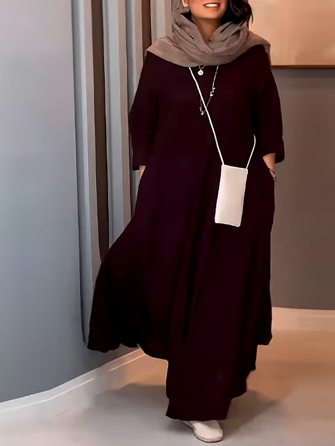 Women's Casual Solid Color V-Neck Long Sleeve Cotton and Linen Dress Women's Casual Solid Color V-Neck Long Sleeve Cotton and Linen Dress