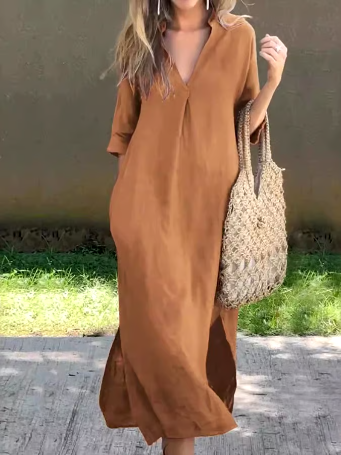 Women'S Casual Solid Color V-Neck Cotton And Linen Dress Women'S Casual Solid Color V-Neck Cotton And Linen Dress