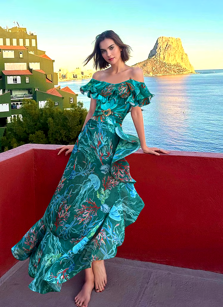 Removable Shoulder Strap Off Shoulder Marine Organism One Piece Swimsuit Set