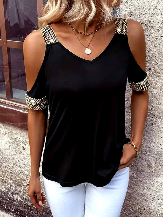 Women'S Solid Color Off-Shoulder Metal Stitching Short-Sleeved Top Women'S Solid Color Off-Shoulder Metal Stitching Short-Sleeved Top