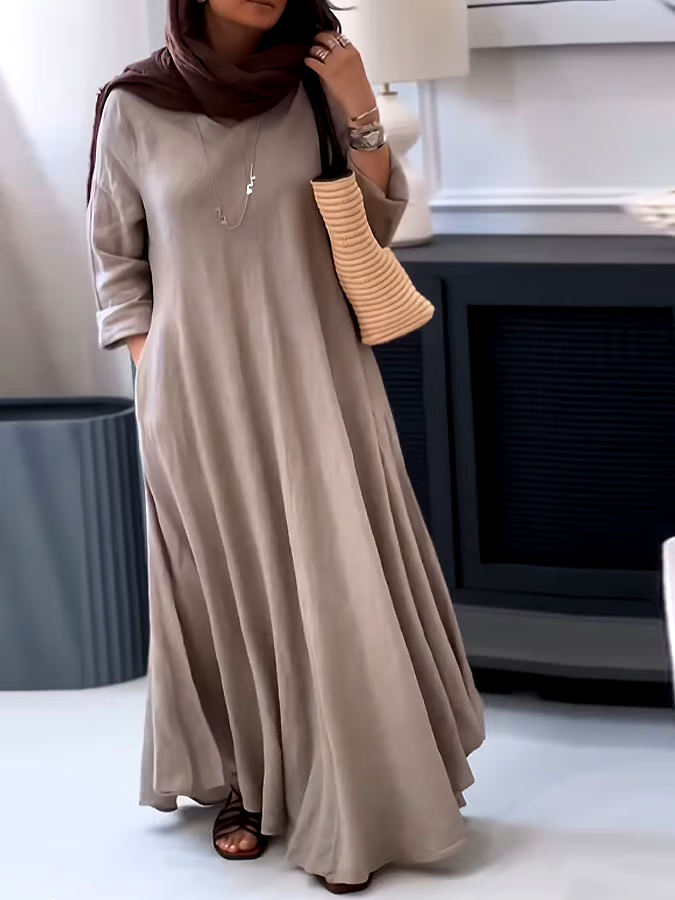 Women's Casual Solid Color V-Neck Long Sleeve Cotton and Linen Dress Women's Casual Solid Color V-Neck Long Sleeve Cotton and Linen Dress