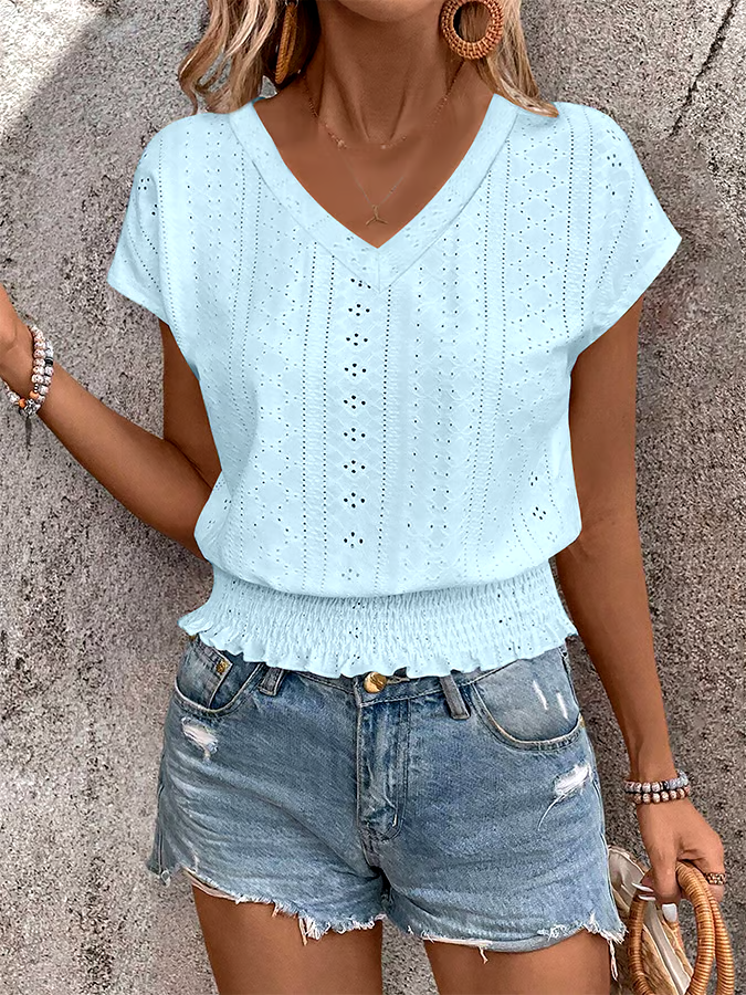 Women'S Casual V-Neck Jacquard Hollow Short-Sleeved T-Shirt Women'S Casual V-Neck Jacquard Hollow Short-Sleeved T-Shirt