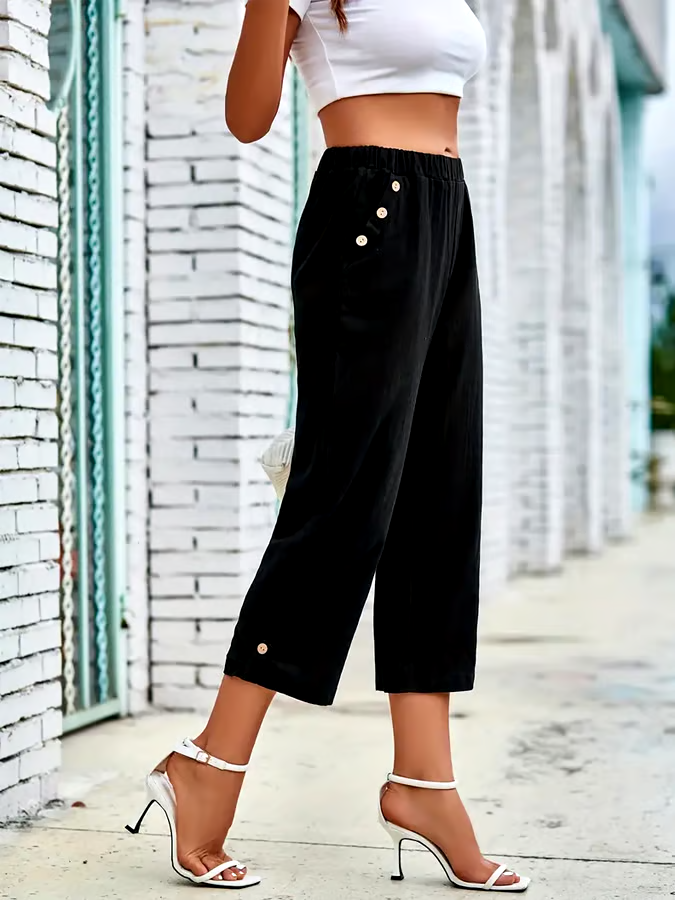 Women's Casual Solid Color Loose Button Cotton and Linen Cropped Pants Women's Casual Solid Color Loose Button Cotton and Linen Cropped Pants