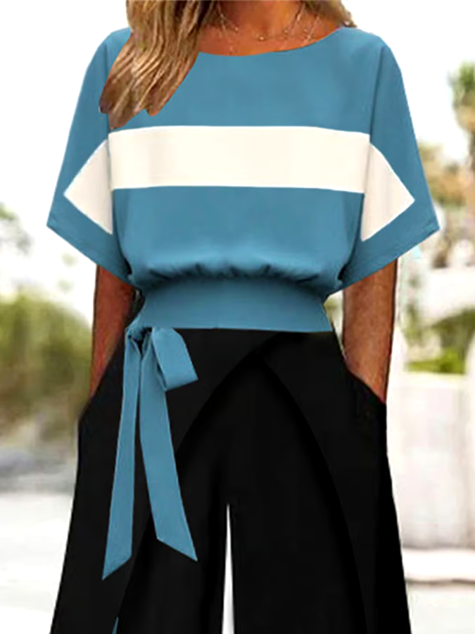 Women's Casual Round Neck Contrast Color Pants Two-Piece Set Women's Casual Round Neck Contrast Color Pants Two-Piece Set