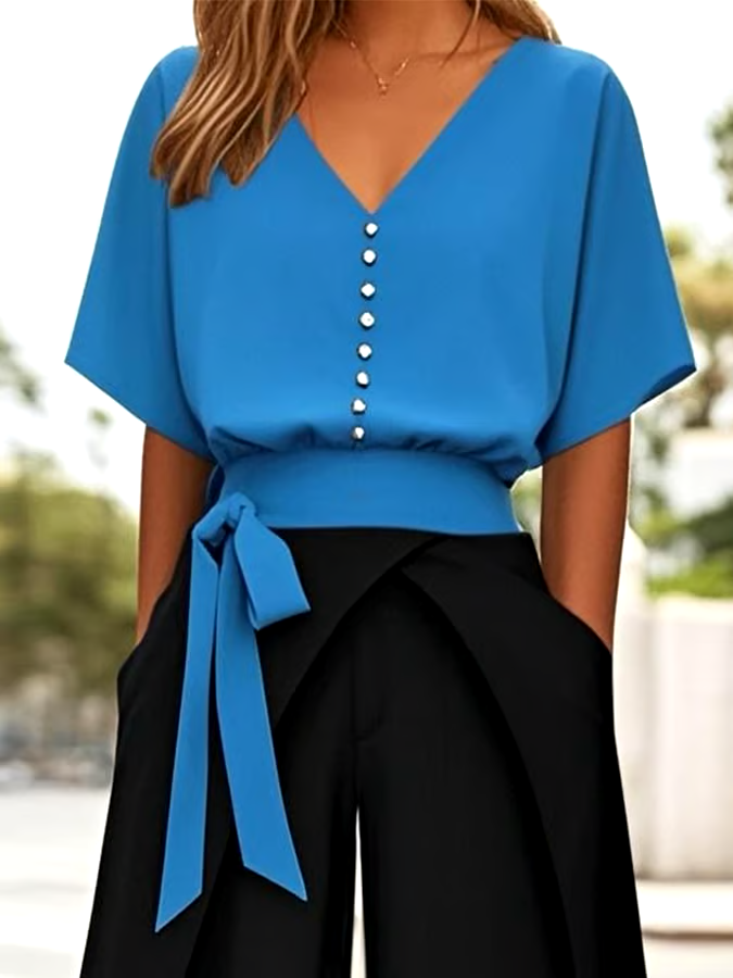 Women's Casual V-Neck Button Contrast Color Two-Piece Set Women's Casual V-Neck Button Contrast Color Two-Piece Set
