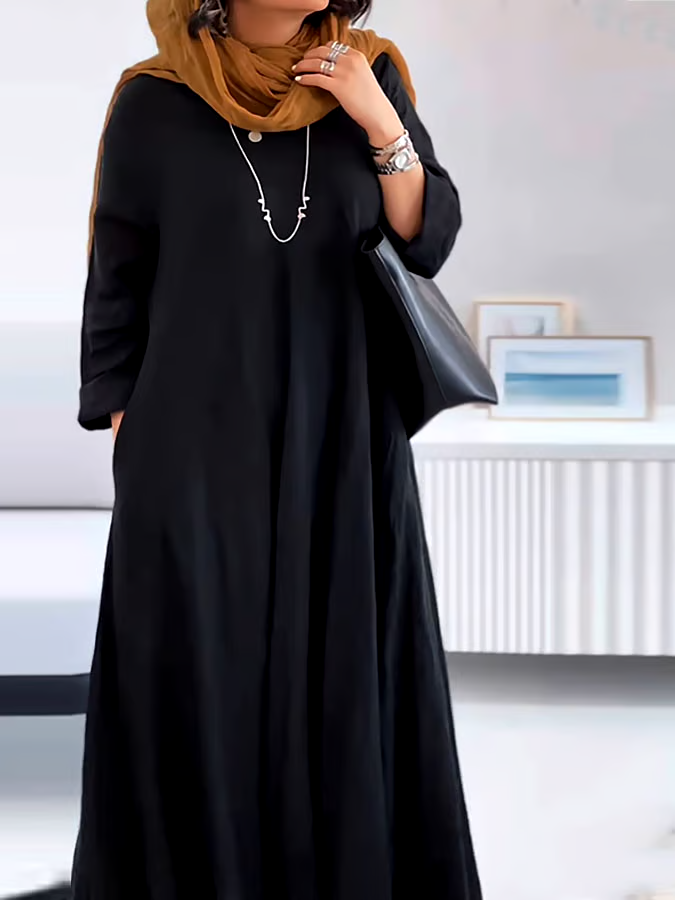 Women's Casual Solid Color V-Neck Long Sleeve Cotton and Linen Dress Women's Casual Solid Color V-Neck Long Sleeve Cotton and Linen Dress