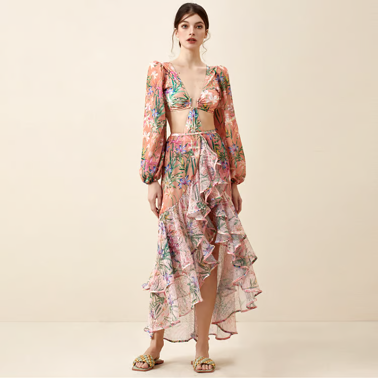 DBVACAY V Neck Cutout Floral Print Fishtail Skirt Swimsuit Set DBVACAY V Neck Cutout Floral Print Fishtail Skirt Swimsuit Set