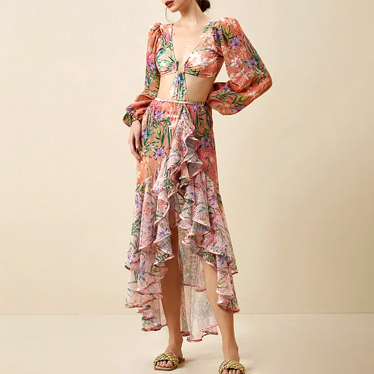 DBVACAY V Neck Cutout Floral Print Fishtail Skirt Swimsuit Set DBVACAY V Neck Cutout Floral Print Fishtail Skirt Swimsuit Set
