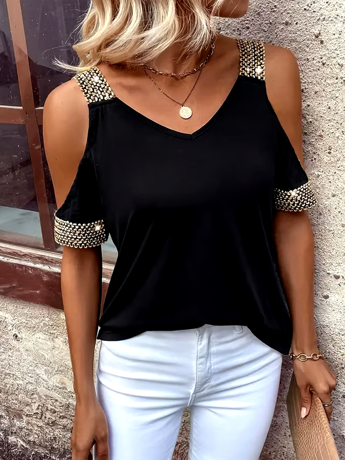 Women'S Solid Color Off-Shoulder Metal Stitching Short-Sleeved Top Women'S Solid Color Off-Shoulder Metal Stitching Short-Sleeved Top