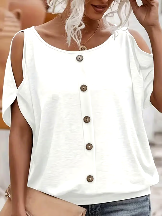 Women's Casual Solid Color Off Shoulder Button T-Shirt