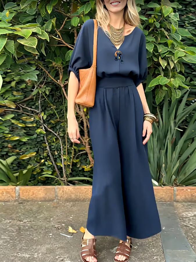 Women's Casual V-Neck Button Top and Pants Two-Piece Set Women's Casual V-Neck Button Top and Pants Two-Piece Set