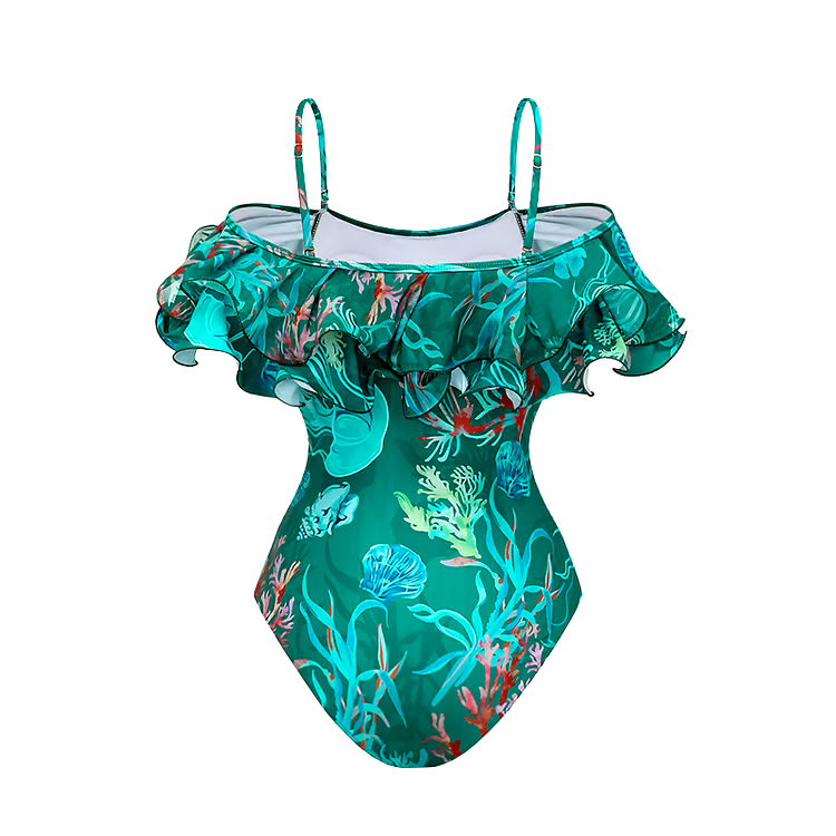 Removable Shoulder Strap Off Shoulder Marine Organism One Piece Swimsuit Set