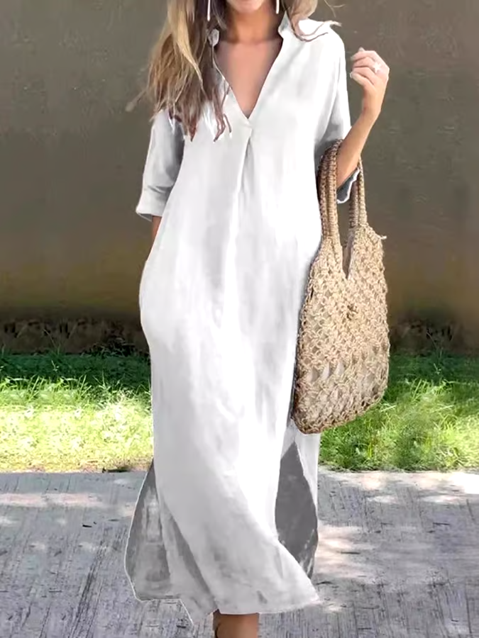 Women'S Casual Solid Color V-Neck Cotton And Linen Dress Women'S Casual Solid Color V-Neck Cotton And Linen Dress