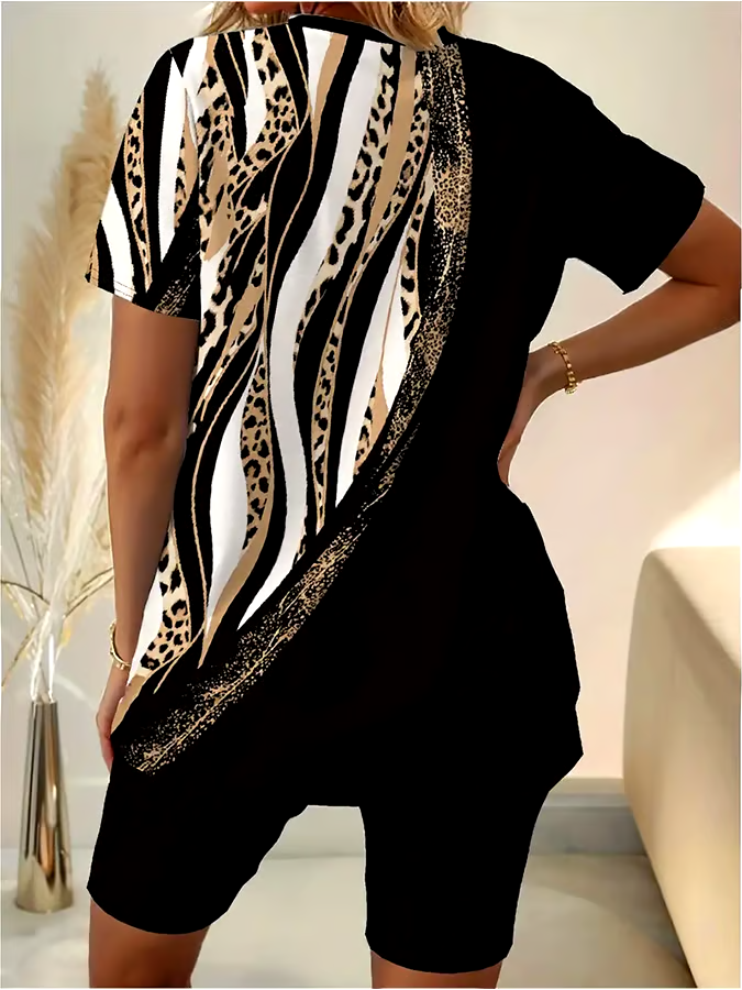 Women'S Casual Round Neck Leopard Print Short-Sleeved T-Shirt Shorts Set Women'S Casual Round Neck Leopard Print Short-Sleeved T-Shirt Shorts Set
