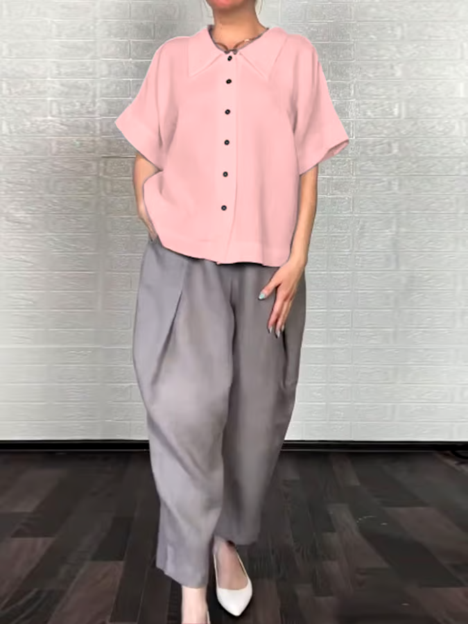 Women'S Casual Solid Color Cotton And Linen Shirt Pants Set Women'S Casual Solid Color Cotton And Linen Shirt Pants Set