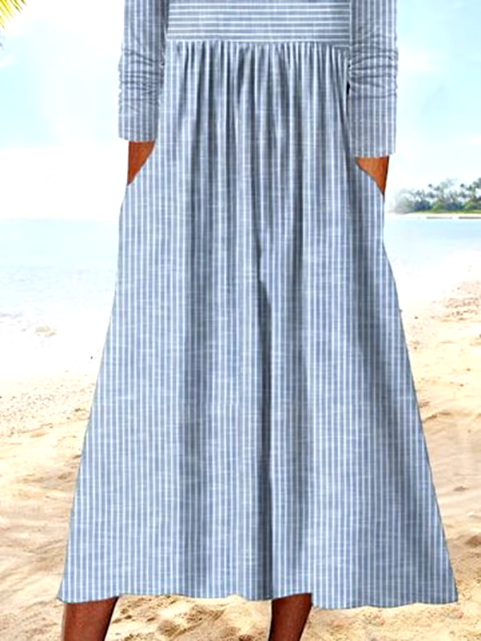Women's Retro Striped Pockets And Buttons Casual Dress Women's Retro Striped Pockets And Buttons Casual Dress