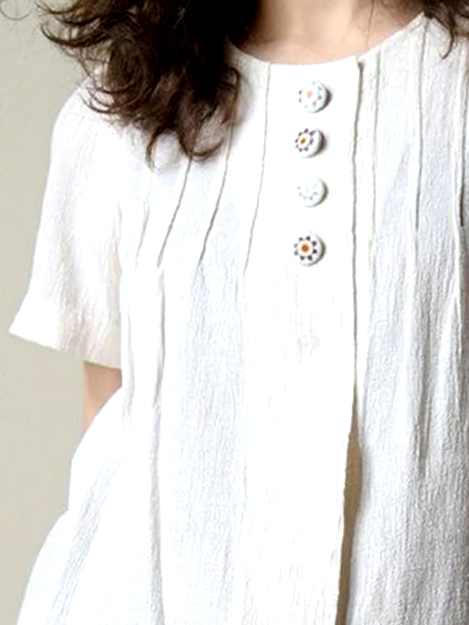 Women's Cotton&Linen Round Neck Pleated T-Shirt Women's Cotton&Linen Round Neck Pleated T-Shirt