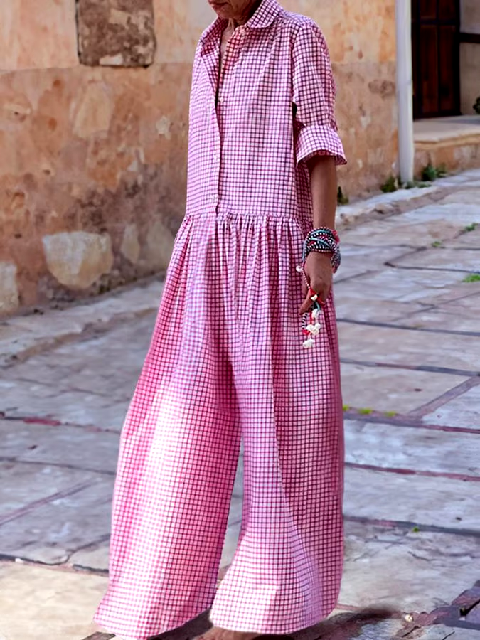 Women's Vintage Classic Plaid Long Sleeve Pocket Shirt Jumpsuit Women's Vintage Classic Plaid Long Sleeve Pocket Shirt Jumpsuit