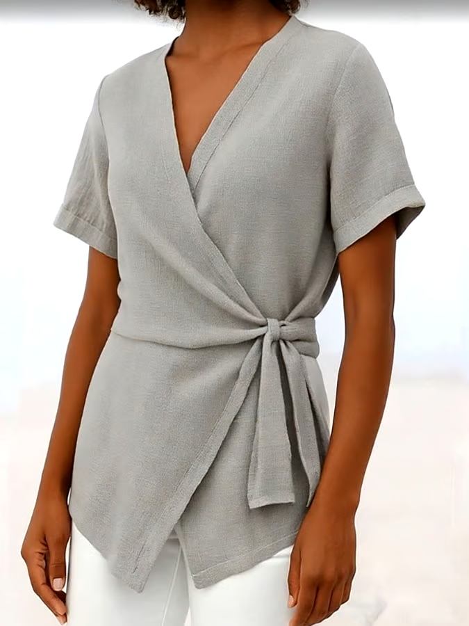 Women's Casual Solid Color V Neck Short Sleeve Lace-up Cotton and Linen Top