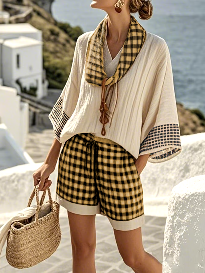 Women'S Loose Striped Scarf Holiday Shorts Set Women'S Loose Striped Scarf Holiday Shorts Set
