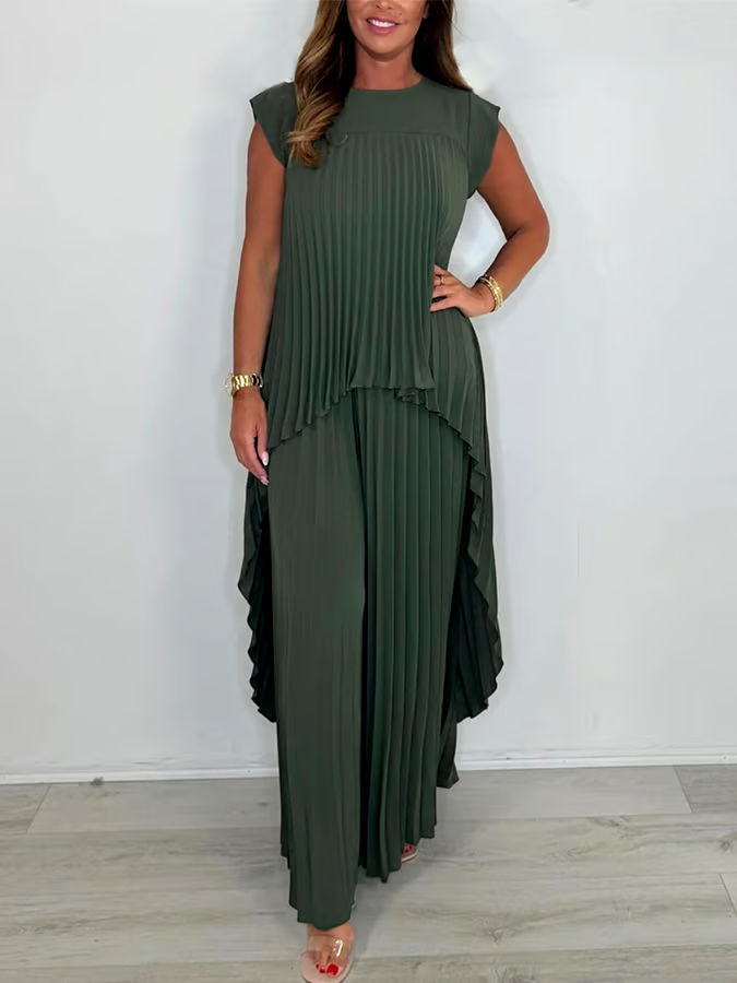 Women'S Solid Color Round Neck Pleated Top Straight Trousers Two-Piece Set Women'S Solid Color Round Neck Pleated Top Straight Trousers Two-Piece Set