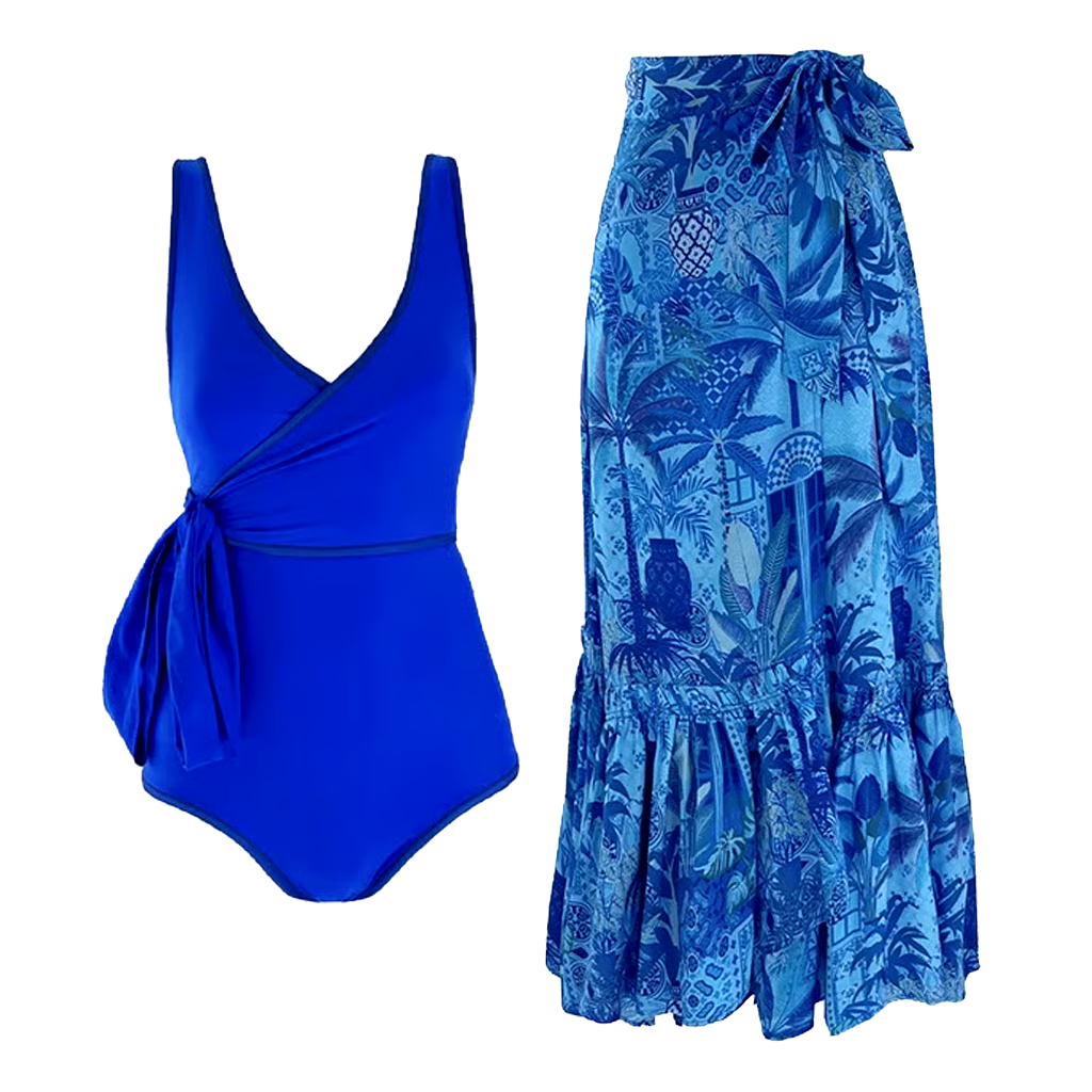 Blue Reversible One Piece And Sarong Swimsuit Set Blue Reversible One Piece And Sarong Swimsuit Set