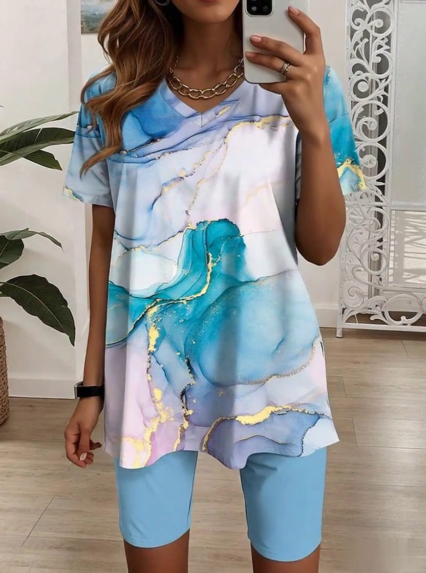 Women'S Loose Printed V-Neck Top And Shorts Set Women'S Loose Printed V-Neck Top And Shorts Set