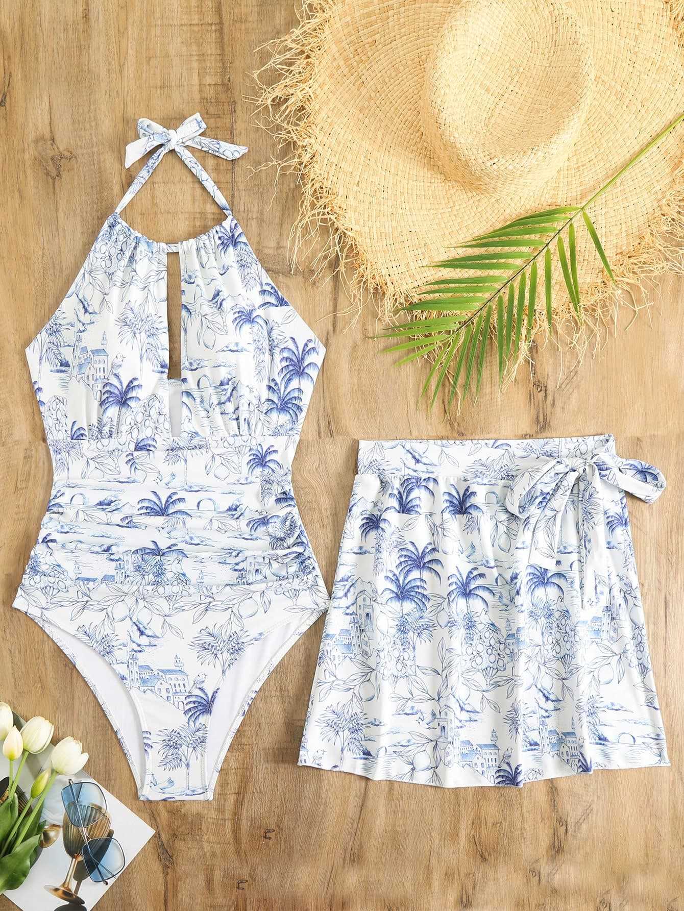 Hollowout Print Two Piece Swimsuit Set