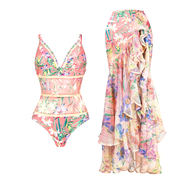 DBVACAY V Neck Cutout Floral Print Fishtail Skirt Swimsuit Set DBVACAY V Neck Cutout Floral Print Fishtail Skirt Swimsuit Set