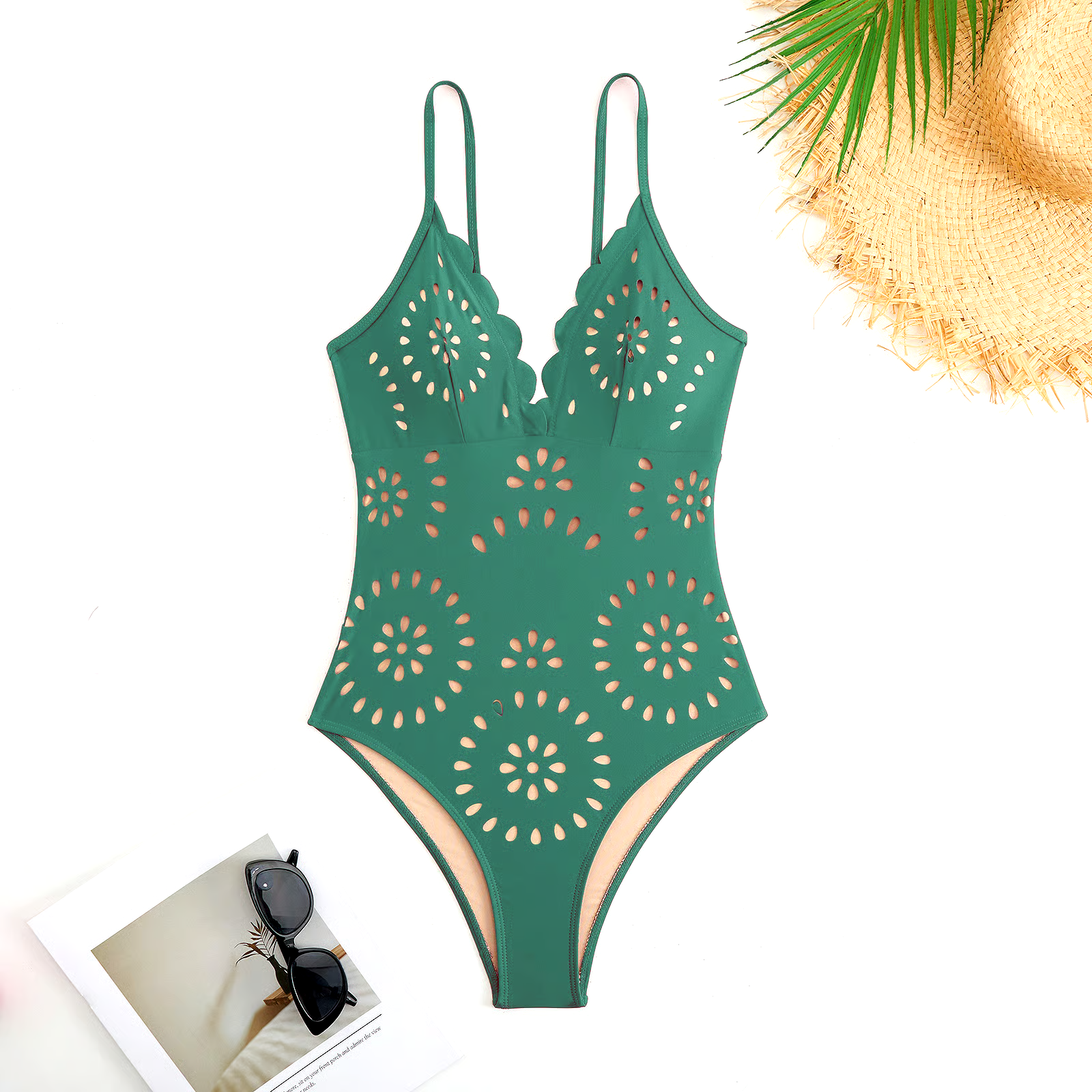 Laser Cutting Flower Hollow Flared Skirt Swimsuit