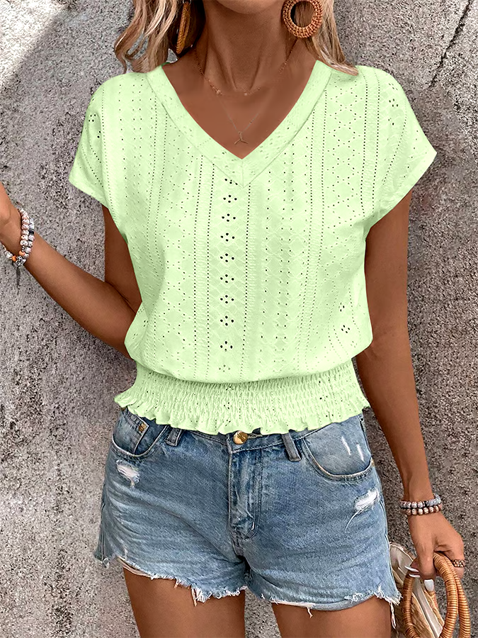 Women'S Casual V-Neck Jacquard Hollow Short-Sleeved T-Shirt Women'S Casual V-Neck Jacquard Hollow Short-Sleeved T-Shirt