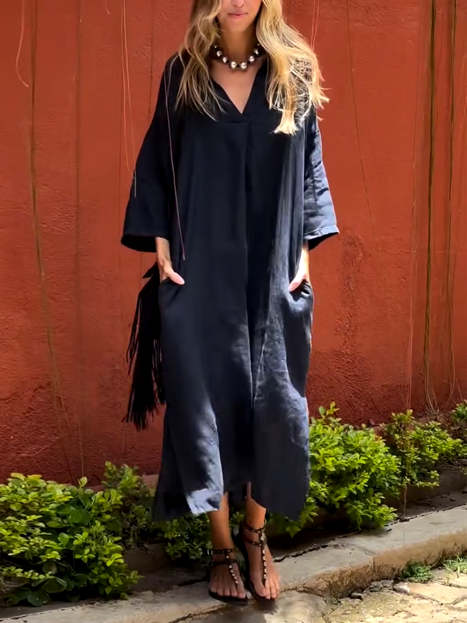 Women'S Casual Solid Color V-Neck Cotton And Linen Dress Women'S Casual Solid Color V-Neck Cotton And Linen Dress