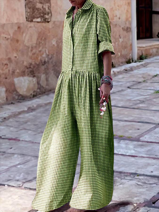 Women's Vintage Classic Plaid Long Sleeve Pocket Shirt Jumpsuit Women's Vintage Classic Plaid Long Sleeve Pocket Shirt Jumpsuit