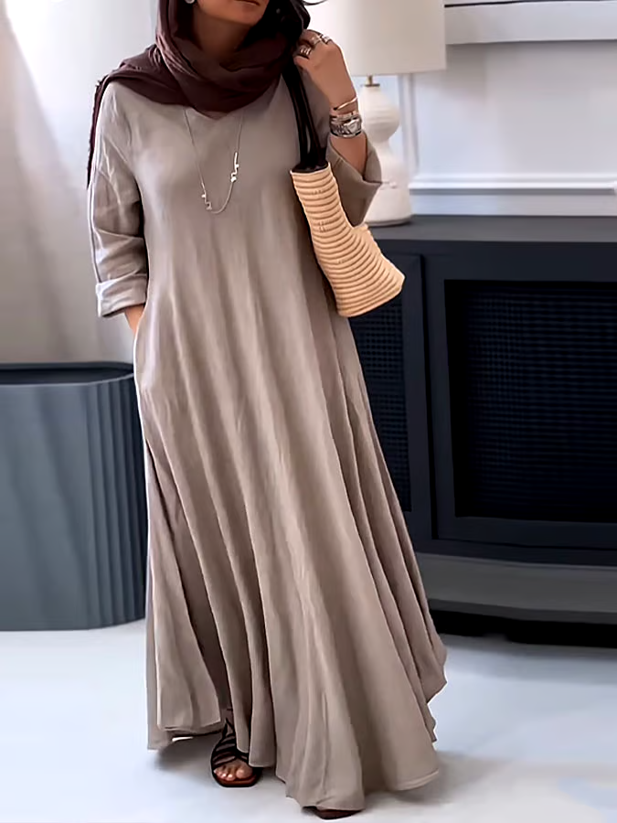 Women's Casual Solid Color V-Neck Long Sleeve Cotton and Linen Dress Women's Casual Solid Color V-Neck Long Sleeve Cotton and Linen Dress