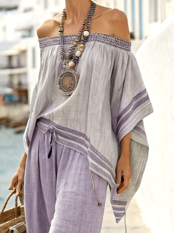 Women'S Loose Casual Striped One-Shoulder Irregular Top And Pants Set Women'S Loose Casual Striped One-Shoulder Irregular Top And Pants Set