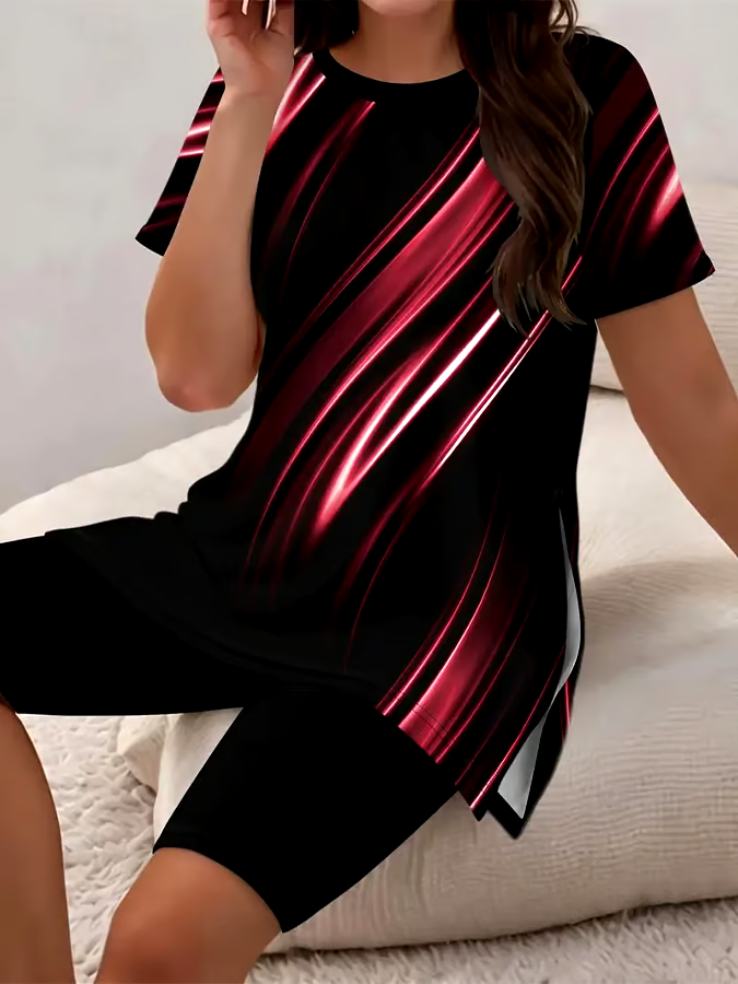 Women'S Casual Round Neck Gradient Print Short-Sleeved T-Shirt Shorts Set Women'S Casual Round Neck Gradient Print Short-Sleeved T-Shirt Shorts Set