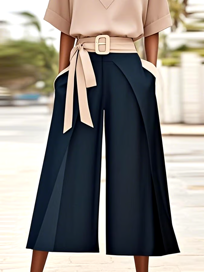 Women'S Casual V-Neck Contrast Color Two-Piece Suit