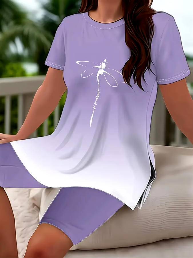 Women's Casual Round Neck Gradient Pattern Short Sleeve T-Shirt Shorts Set Women's Casual Round Neck Gradient Pattern Short Sleeve T-Shirt Shorts Set