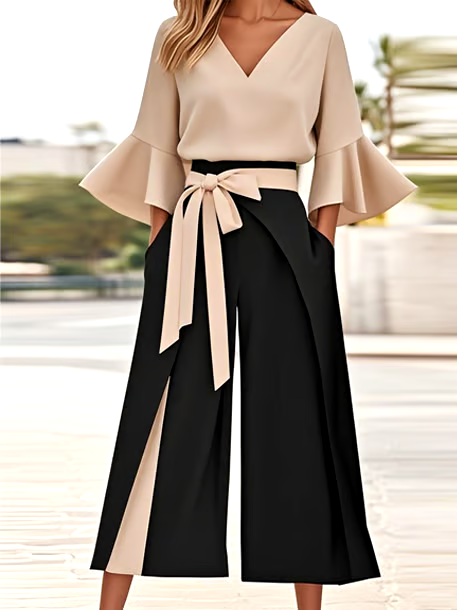 Women'S Casual V-Neck Trumpet Sleeve Contrast Color Two-Piece Suit Women'S Casual V-Neck Trumpet Sleeve Contrast Color Two-Piece Suit