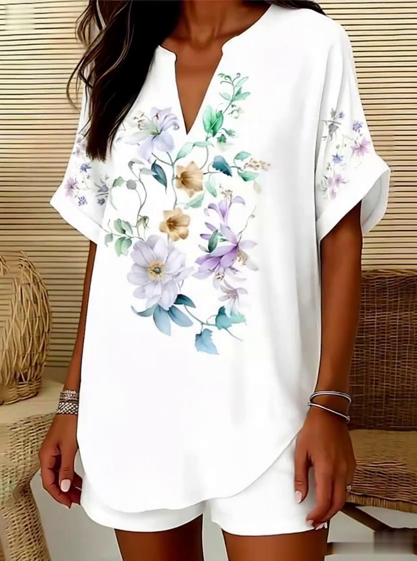 Women'S Loose Printed V-Neck Top And Shorts Set Women'S Loose Printed V-Neck Top And Shorts Set