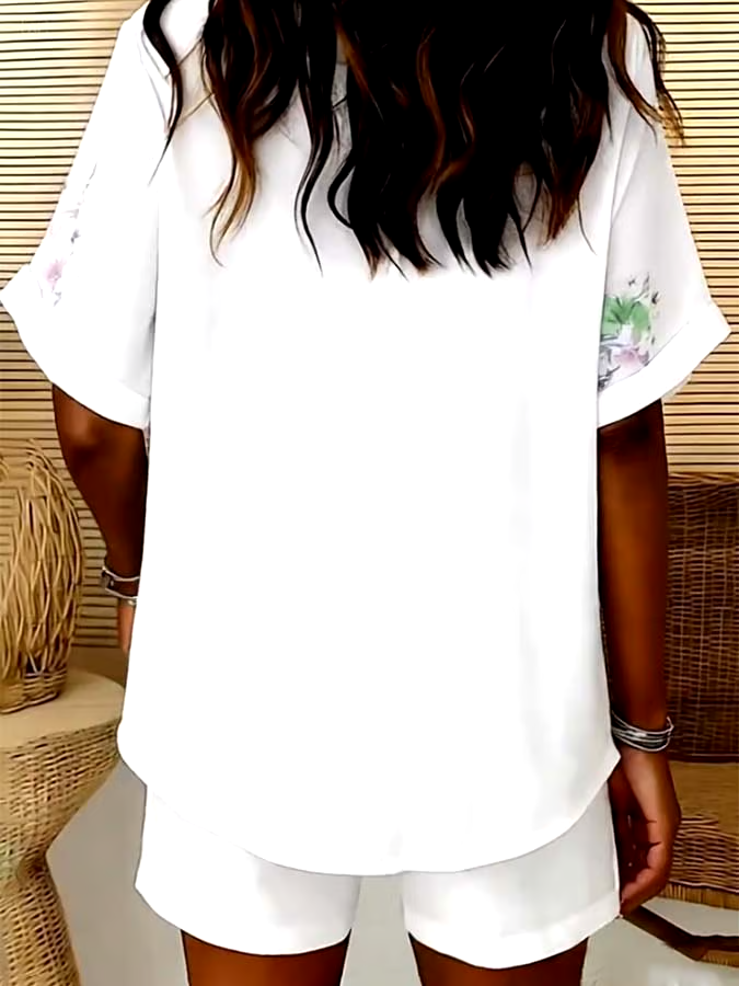 Women'S Loose Printed V-Neck Top And Shorts Set Women'S Loose Printed V-Neck Top And Shorts Set