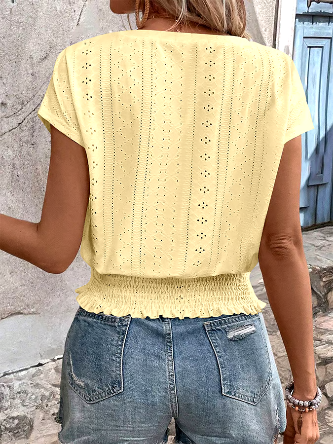 Women'S Casual V-Neck Jacquard Hollow Short-Sleeved T-Shirt Women'S Casual V-Neck Jacquard Hollow Short-Sleeved T-Shirt