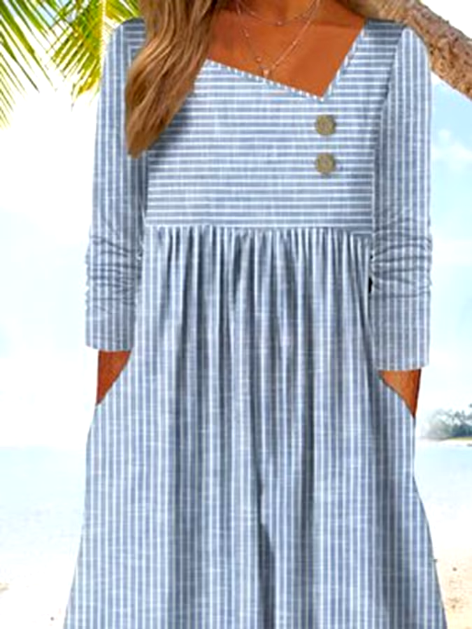 Women's Retro Striped Pockets And Buttons Casual Dress Women's Retro Striped Pockets And Buttons Casual Dress