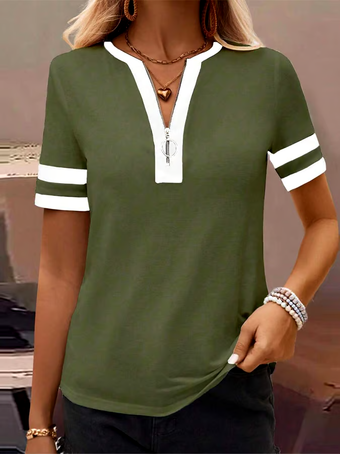 Women's Spring and Summer Solid Color Casual Splicing Zipper Top