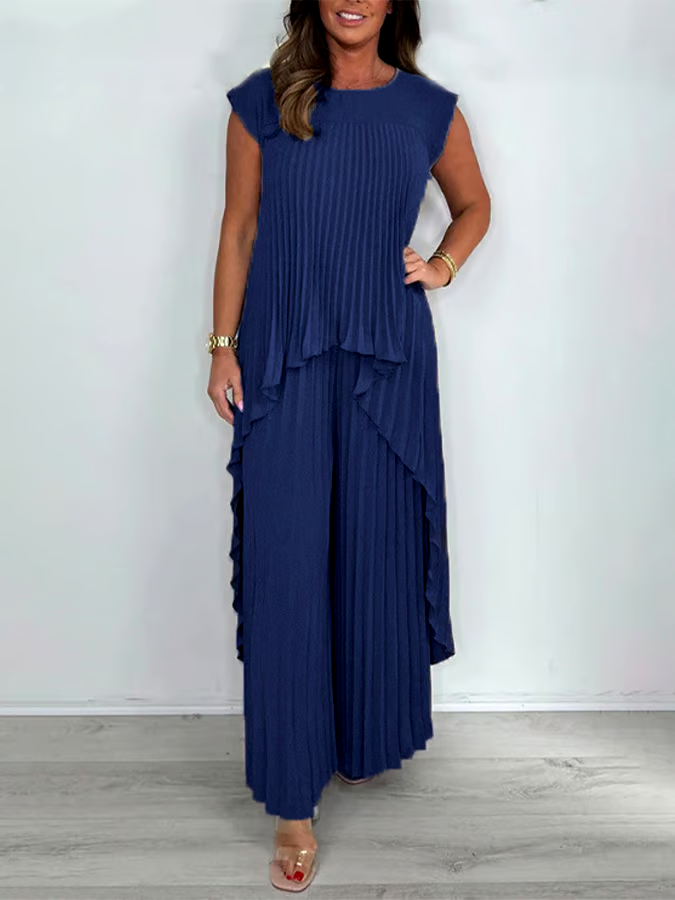 Women'S Solid Color Round Neck Pleated Top Straight Trousers Two-Piece Set Women'S Solid Color Round Neck Pleated Top Straight Trousers Two-Piece Set