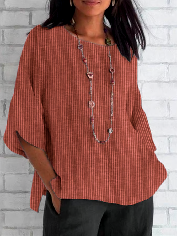 Women's Spring and Summer Round Neck Cotton and Linen Striped Loose Top Women's Spring and Summer Round Neck Cotton and Linen Striped Loose Top